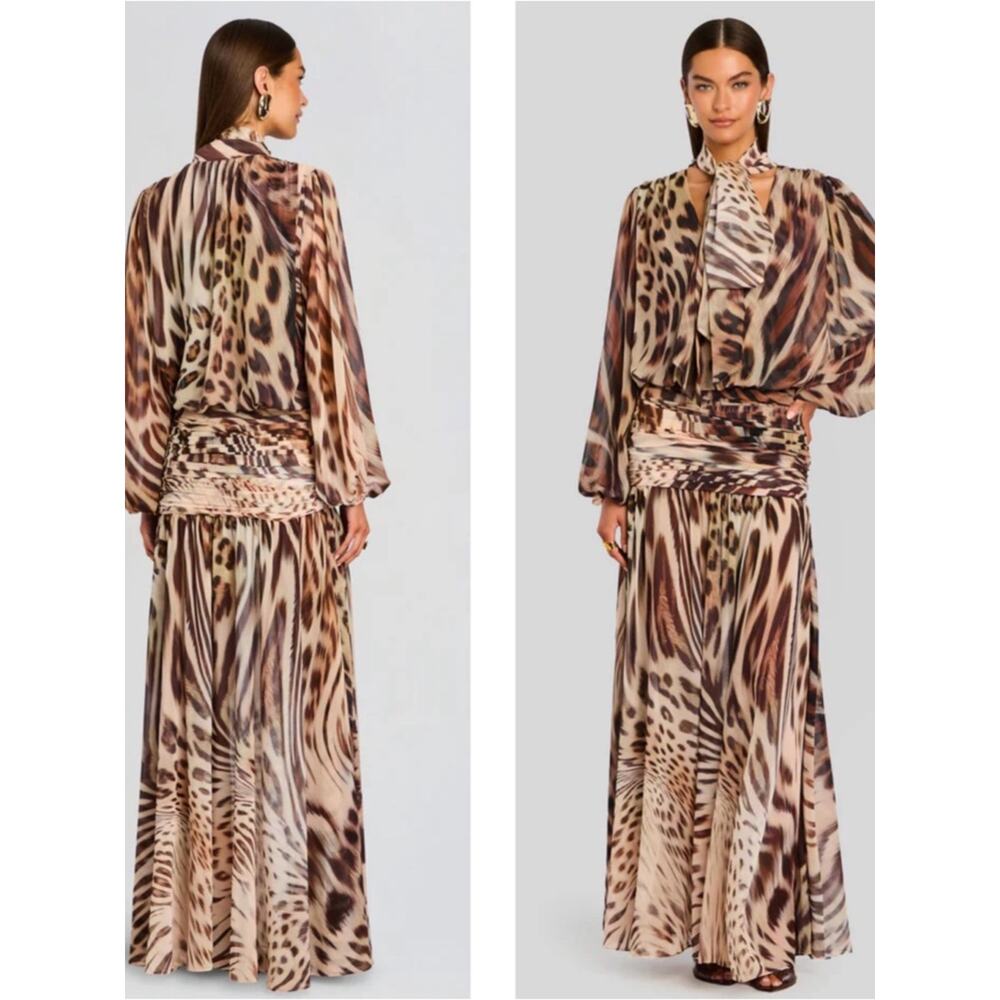 RETROFETE Opaline Long Sleeve Animal Print Ruched Draped Neck Maxi Dress Sz XS - Picture 3 of 9